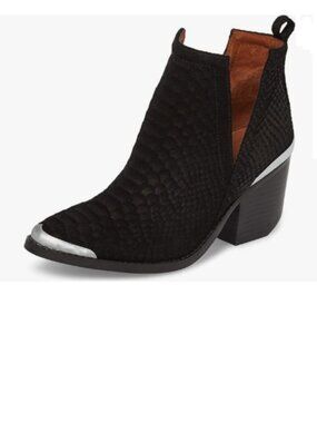 YDN Black Low Heeled Ankle Boots Faux Suede Cutout with Metal Toe Cowboy Booties